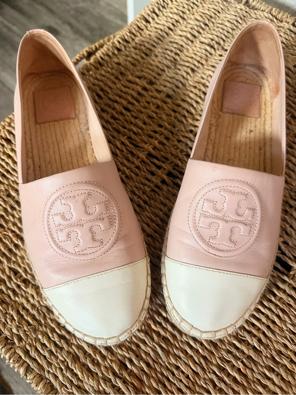 Tory Burch Colorblock Leather Espadrilles Pink Ivory Size 8.5